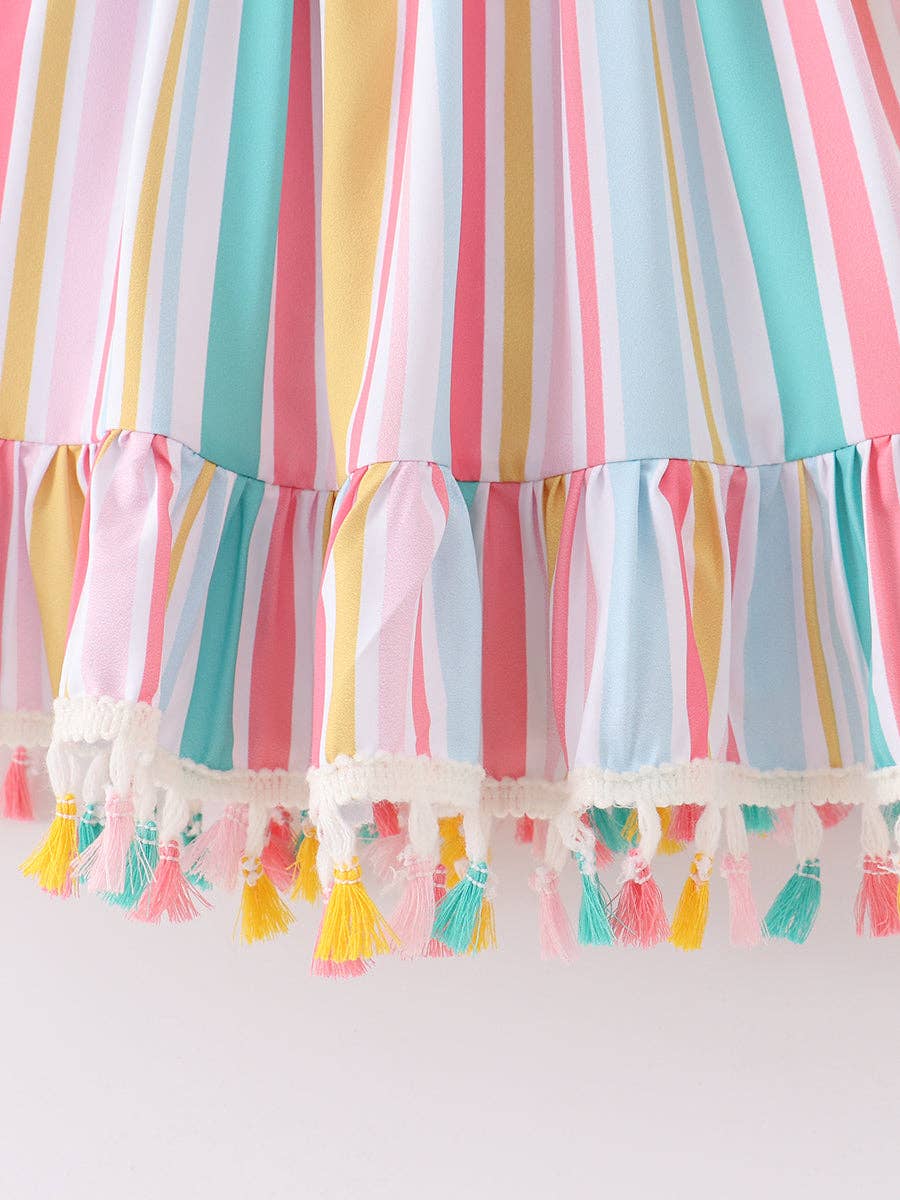 Multicolored Stripe Tassel Smocked Dress