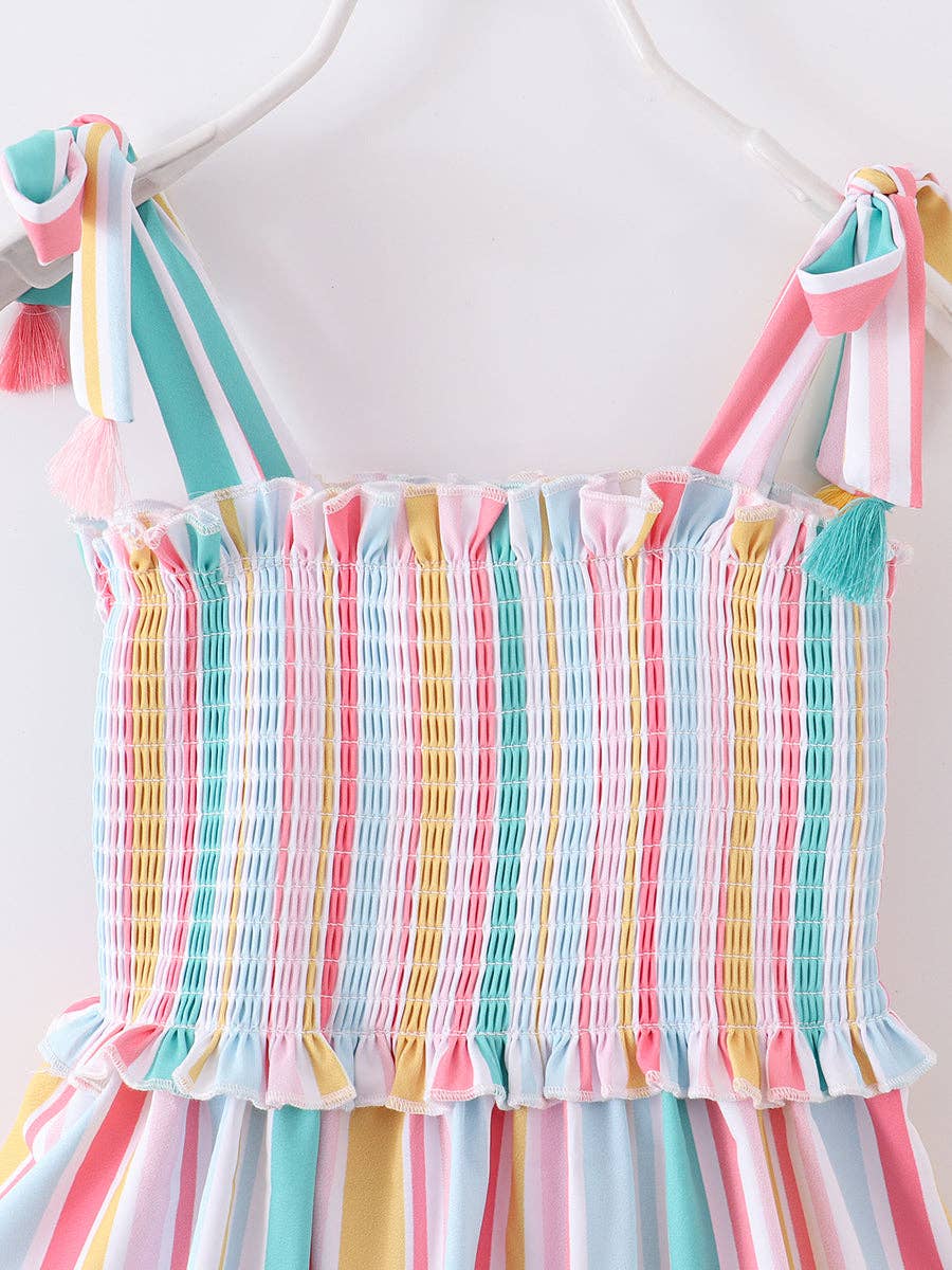 Multicolored Stripe Tassel Smocked Dress
