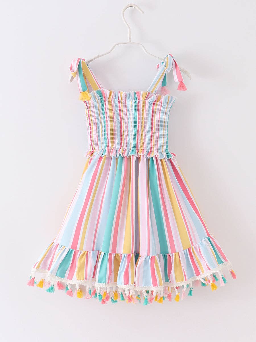 Multicolored Stripe Tassel Smocked Dress