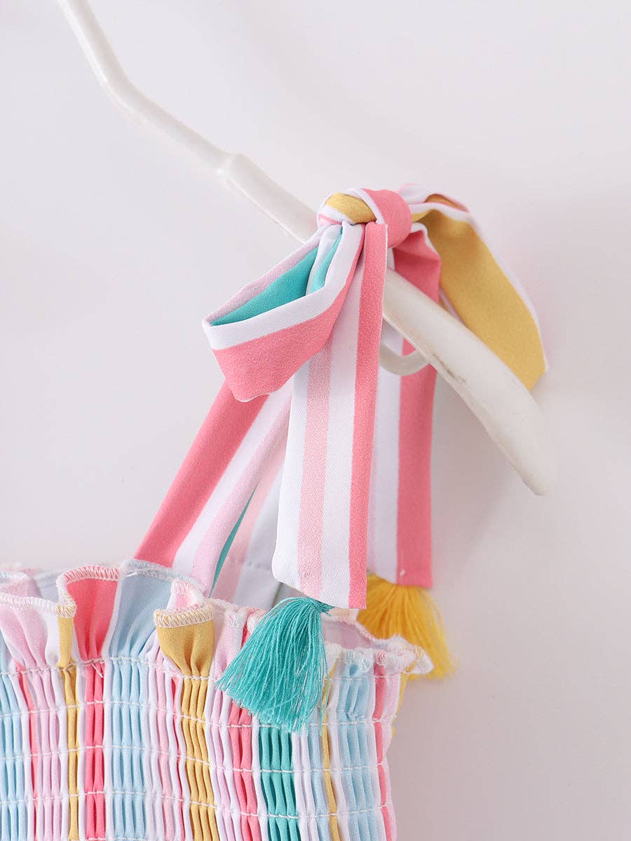 Multicolored Stripe Tassel Smocked Dress
