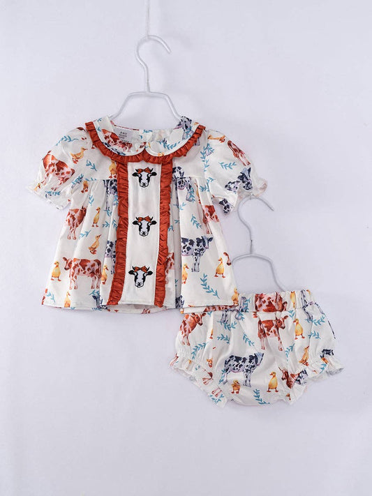 Cows Duckling Ruffle Baby Girl Bloomer Romper Set