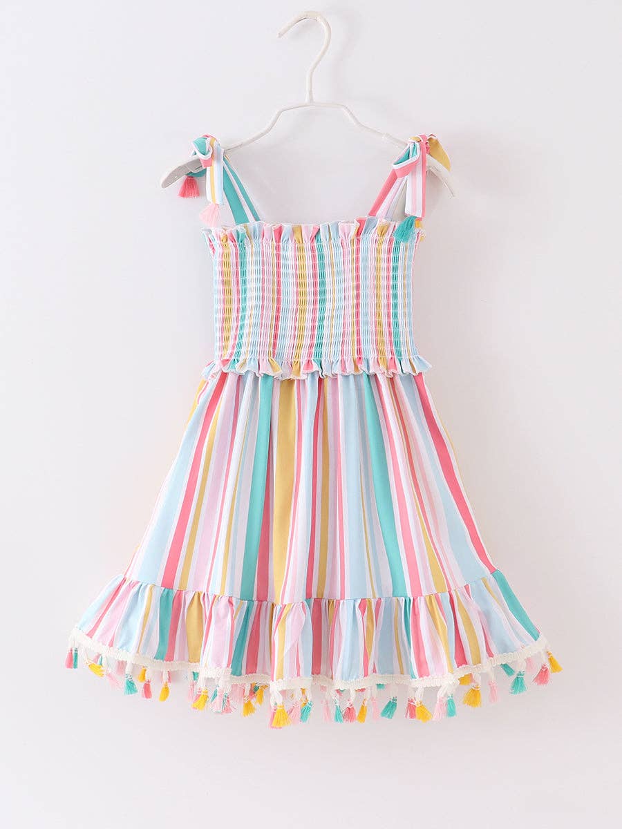 Multicolored Stripe Tassel Smocked Dress