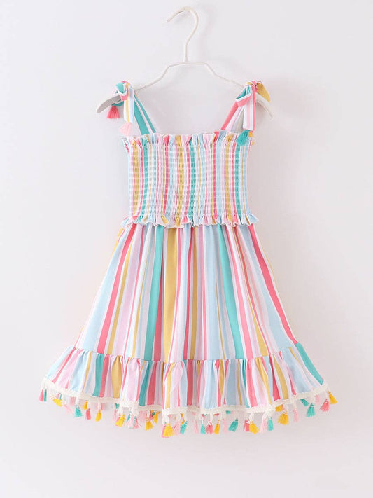 Multicolored Stripe Tassel Smocked Dress